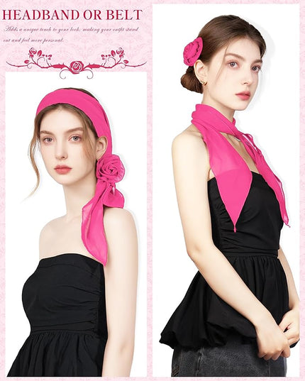 Chiffon Scarf for Women, Removable Flower Neck Scarf Light Soft Fashion Rose Scarves Versatile Headband or Hair Band