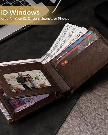 RUNBOX Wallet for Men Bifold RFID Blocking Wallets with 2 ID Window 14 Card Holders 1 cash pocket 1 Gift Box