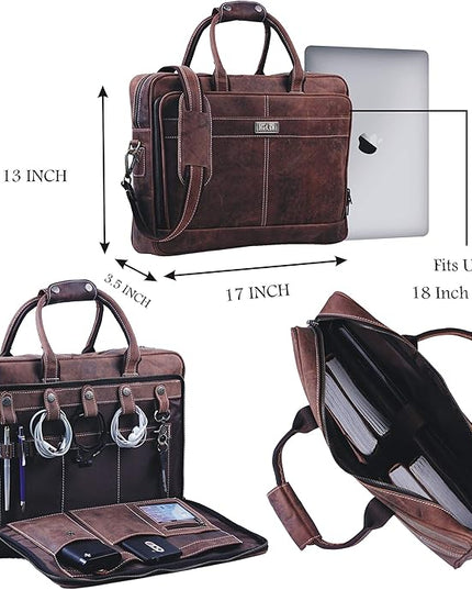 18 Inch Leather Laptop Bag for Computer Bag for Men– Supple Genuine Leather Briefcases for Men W/Padded Laptop Case Leather
