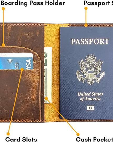 Leather Passport Holder for Men and Women - Handmade Vintage Travel Wallet - Mens Passport Case with Card Organizer - Genuine Leather Passport Cover - 2 Card Slots (Style A)