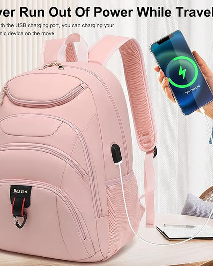 Boavan Laptop Backpack for women, 15.6 inch Laptop Bag with USB Port, Waterproof Travel Work Backpack Purse, Anti-Theft Teacher Nurse Doctor Casual Bookbags Office Business backpack，Pink