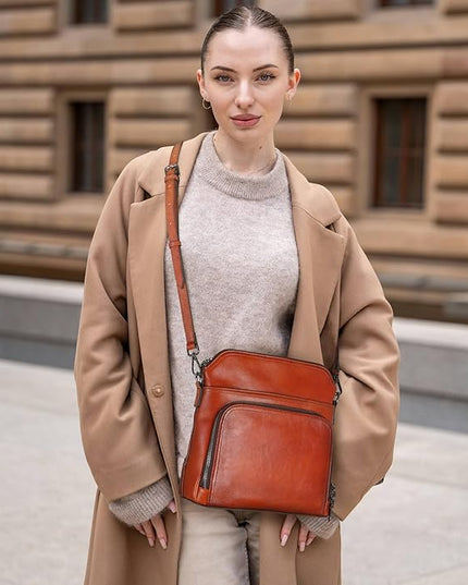 Iswee Leather Crossbody Bags for Women Multi Pockets Medium Shoulder Bag Lightweight Functional Travel Purse