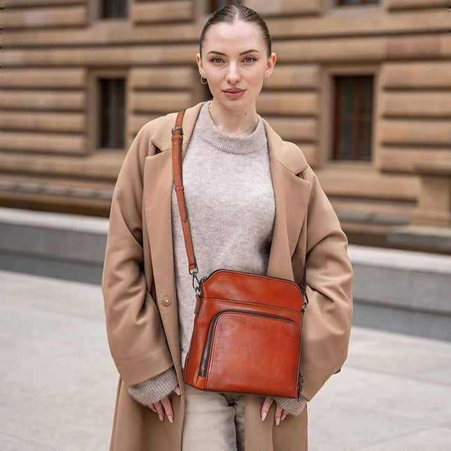 Iswee Leather Crossbody Bags for Women Multi Pockets Medium Shoulder Bag Lightweight Functional Travel Purse