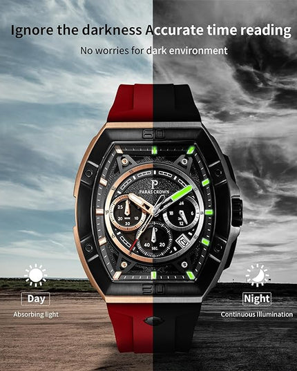 Paras Crown Watches for Men Tonneau 5ATM Waterproof Quartz Luxury Chronograph Analog Men's Wrist Watches Stainless Steel Case Mens Watches