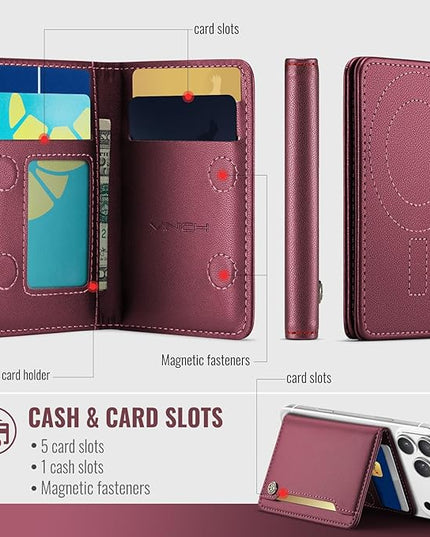 Vinich for Magsafe Wallet Magnetic RFID Blocking Card Holder Compatible with MagSafe Phones and Cases, Strong Magnet Minimalist Phone Wallet for iPhone 17/16/15/14/13/12/Pro/Max/Plus, Wine Red