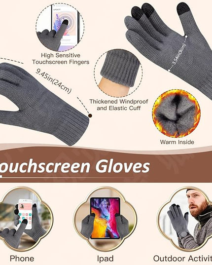 Men Women Winter Beanie Hats Scarf with Touchscreen Gloves Warm Knit Themal Gloves Long Scarf Set with Fleece Lined