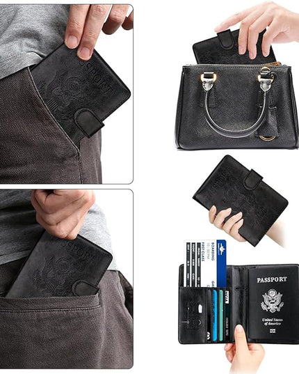 WALNEW Passport Holder for Travel, RFID Passport Cover Wallet for Women Men, PU Leather Passport Book Card Holder Case with Pen (Buckle Closure, Buckle-Black)