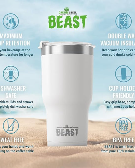 BEAST Insulated Coffee Mug – 900 ml I Arctic White I Stainless Steel I Reusable, Insulated Cups I 2 Straws and Cleaning Brush, Double Walled Travel Coffee Thermos I Hot or Iced Coffee
