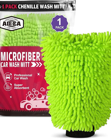 AIDEA Car Wash Mitt Microfiber, 1PK-Scratch-Free& Lint-Free, Premium Chenille Microfiber Mitt Car Wash Brush-Green Regular Size (7.12''X10.14'')