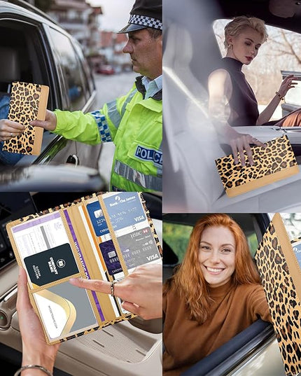 Car Registration and Insurance Holder with Magnetic Closure, Universal Document Organizer for License, Insurance Cards & Glove Box Storage (Leopard-Brown)
