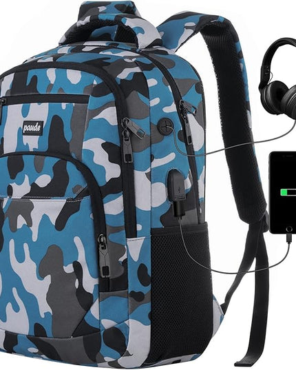 Backpack for Men,College Backpack School Bookbag for Teens,Laptop Bookbag with USB Port and Headphone Hole,Camouflage Blue