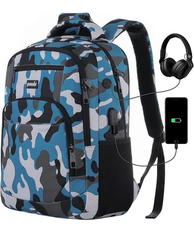 17 inch Backpack for Men,College Backpack School Bookbag for Teens,Travel Laptop Bookbag with USB Port and Headphone Hole,Camouflage Blue