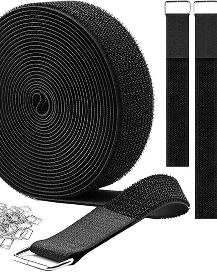 1.5"x16ft Hook and Loop Straps with 15 Metal Buckles, Adjustable Fastening Cable Straps, Cut-to-Length Cinch Strap, Reusable Nylon Securing Cord Ties for Organizer or Storage, Black