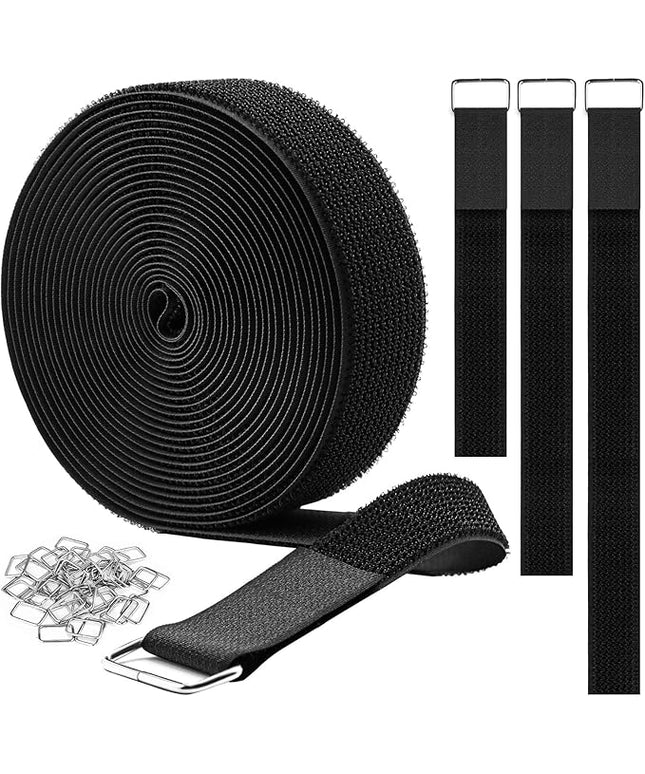 1.5"x16ft Hook and Loop Straps with 15 Metal Buckles, Adjustable Fastening Cable Straps, Cut-to-Length Cinch Strap, Reusable Nylon Securing Cord Ties for Organizer or Storage, Black