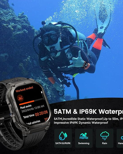 AMAZTIM Smart Watch, 60 Days Extra-Long Battery, 50M Waterproof, Rugged Military Bluetooth Call(Answer/Dial Calls), 2.0" Ultra Large HD Display, AI Voice Assistant (Shiny Black)
