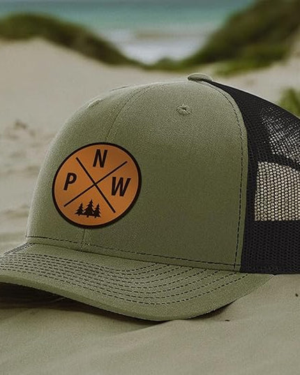 Pacific Northwest Baseball Snapback Trucker Hats with Leather Patch for Men and Women PNW Gifts Outdoor Camping Hiking Cap