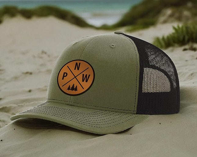 Pacific Northwest Baseball Snapback Trucker Hats with Leather Patch for Men and Women PNW Gifts Outdoor Camping Hiking Cap