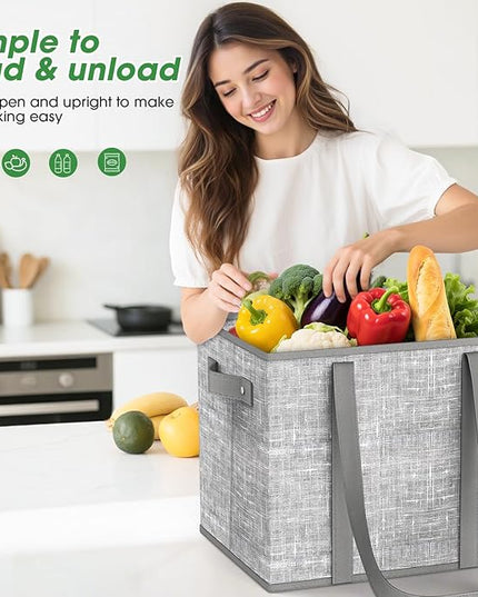 Fab totes Reusable Grocery Bags, Large Foldable Shopping Tote Bags with Reinforced Handles & Hard Bottom,Water Resistant Grocery Bags for kitchen,Picnic,2 Pack, Grey
