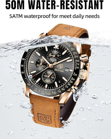 BY BENYAR Watch for Men Analog Quartz Chronograph Waterproof Luminous Designer Mens Wrist Watches Business Work Sport Casual Dress Watch with Silicone Strap Elegant Gifts for Men