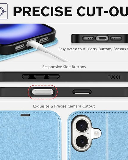 TUCCH Case Wallet for iPhone 16 5G, [RFID Blocking] 4 Card Holder Stand [Shockproof TPU Interior Case] PU Leather Magnetic Protective Flip Cover Compatible with iPhone 16, Shiny Light Blue