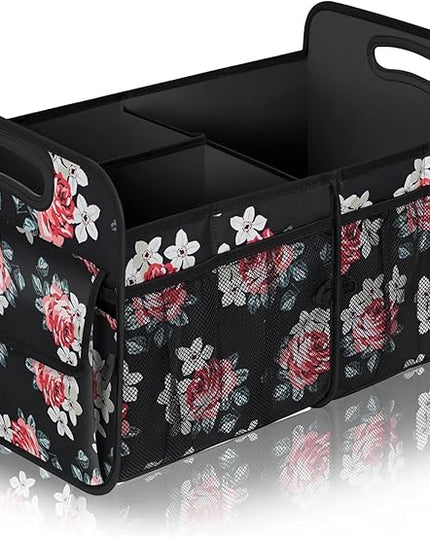 Femuar Car Trunk Organizer,Car Storage Organizer with 72L Large Capacity Waterproof Collapsible and 11 Pockets,Trunk Organizer for Car Suv/Jeep/Sedan, Large Size, Flower