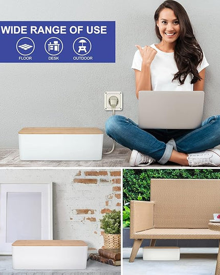 Cable Management Box - Wooden Style Cord Organizer Box to Hide Wires & Power Strips | Desk Computer Cable Organizer Box | Safe ABS Material | 12.6" (L) x 5.3" (W) 4.9" (H) | for Home & Office - White