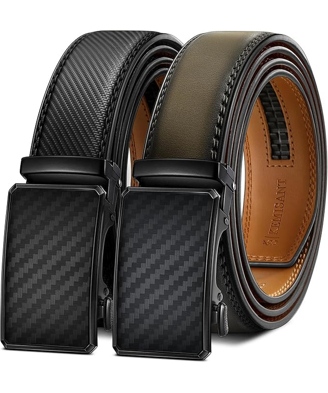 KEMISANT Men Belt 2 Pack, Leather Ratchet Belt Easy Click Slide For Men 1 3/8",Cut for Fit