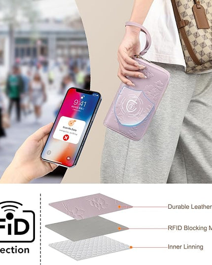 yiijay Womens Wallet RFID Blocking Large Capacity Leather Double Zip Wristlet Wallet Credit Card Phone Holder Ladies Clutch Purse Flora