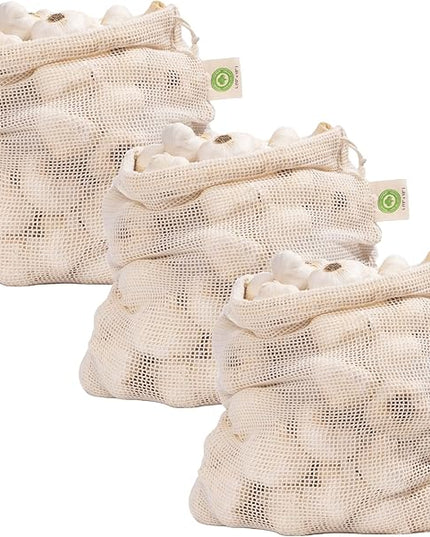 Reusable Garlic Storage Bags - Organic Cotton Garlic Mesh Bags with Drawstring - Washable Garlic Holder Storage - Net Garlic Keeper Sacks - Onion Potato Storage Bags - Root Vegetable Sacks (3 Large)