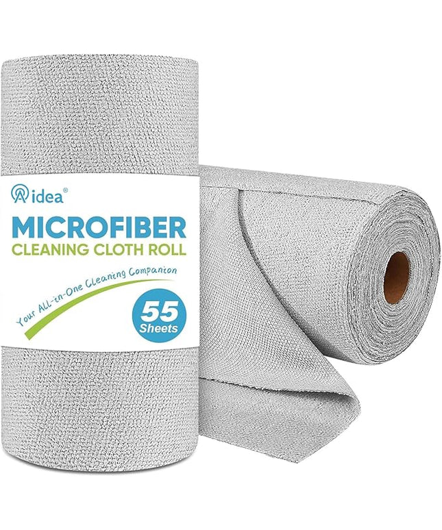 AIDEA Microfiber Cleaning Cloth Roll, Shop Towels 55 Sheets, Grey Microfiber Towels for Cars, Washable Shop Rags Reusable Paper Towel for Automotive, Workshop, House, Kitchen, Cleaning Supplies11×9"