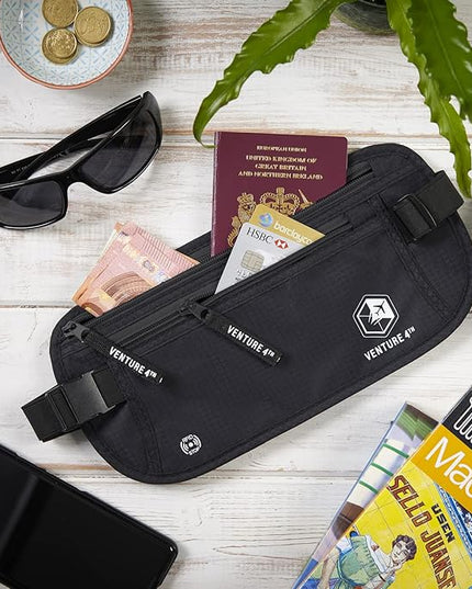 VENTURE 4TH Money Belt for Travel – Hidden Under-Clothes RFID Blocking Passport Holder & Slim Travel Wallet Pouch for Men & Women to Protect Cash, Cards & Documents (Pure Black)