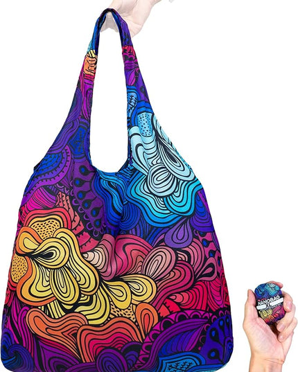 Nanobag Ultralight Heavy Duty Foldable Tote for Women & Men, Reusable Grocery & Travel Bag, Packable Collapsible Compact Market Essential (XL Psychedelic)