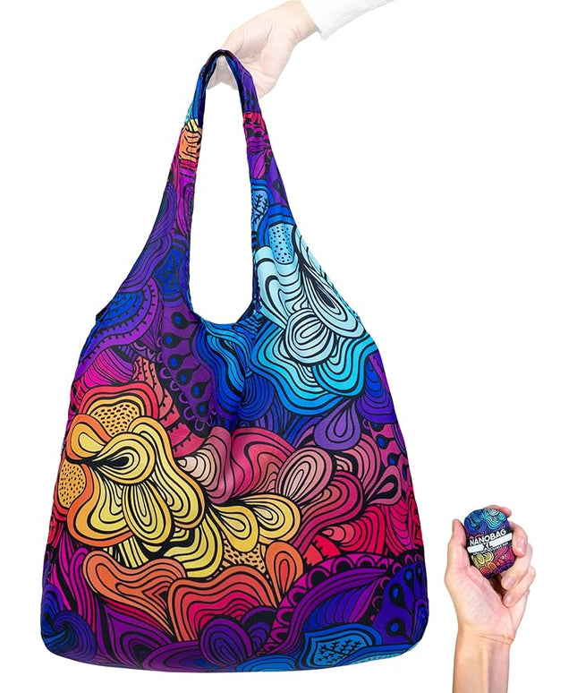 Nanobag Ultralight Heavy Duty Foldable Tote for Women & Men, Reusable Grocery & Travel Bag, Packable Collapsible Compact Market Essential (XL Psychedelic)