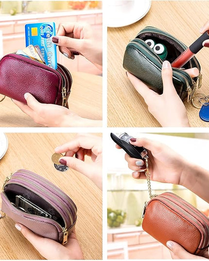 LINNO 3 Zippered Genuine Leather Coin Purse Triple Capacity Change Pouch Little Travel Wallet With Key Ring for Women