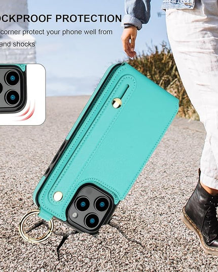 Folosu for iPhone 16 Pro Max Wallet Case with Card Holder, Hand Wrist Strap Loop Holder Kickstand, RFID Blocking Finger Grip Ring PU Leather Double Buttons Shockproof Cover 6.9" Green