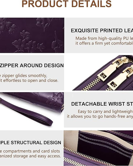 yiijay Womens Wallet RFID Blocking Large Capacity Leather Double Zip Wristlet Wallet Credit Card Phone Holder Ladies Clutch