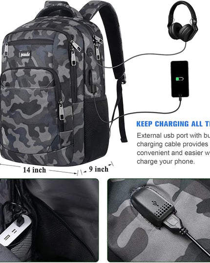 Paude 17 inch Travel Business Backpack for Men,College Backpack School Bookbag for Teens,Laptop Bookbag with USB Port and Headphone Hole,Camouflage Black