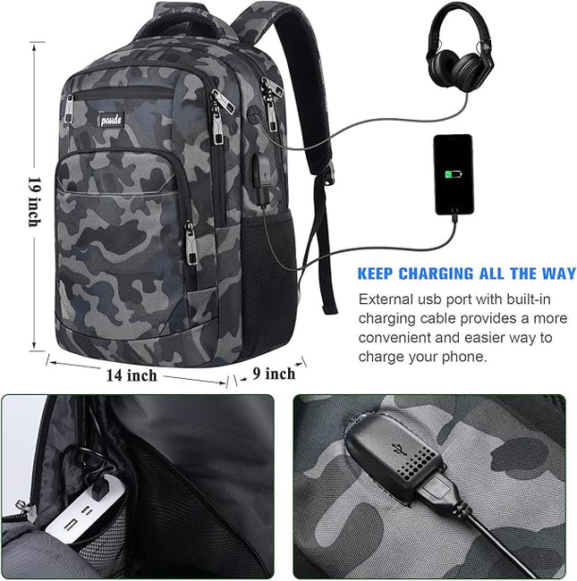 Paude 17 inch Travel Business Backpack for Men,College Backpack School Bookbag for Teens,Laptop Bookbag with USB Port and Headphone Hole,Camouflage Black
