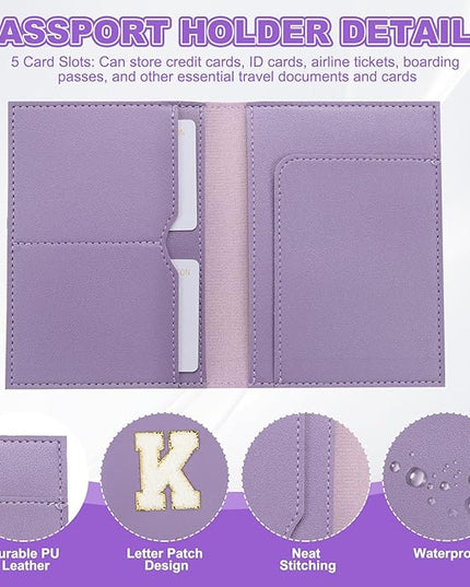PATIKIL Passport Holder for Travel, Initial Passport Cover and Luggage Tag Set with Alphabet Chenille Letter Patch Travel Wallet Bag Suitcase Identifier for Women Family Travel Purple K