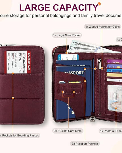 Family Passport Holder Wallet with Zipper, RFID Blocking Travel Document Organizer, PU Leather Passport Wallet for Women Men, Passport Cover Travel Wallet for Boarding Pass, ID, Money, Tickets