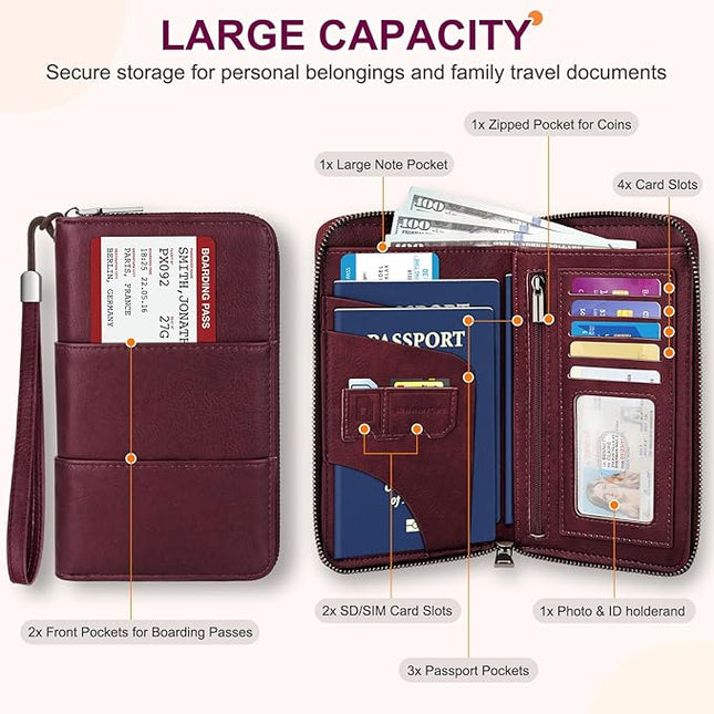 Family Passport Holder Wallet with Zipper, RFID Blocking Travel Document Organizer, PU Leather Passport Wallet for Women Men, Passport Cover Travel Wallet for Boarding Pass, ID, Money, Tickets