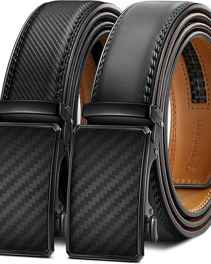 KEMISANT Men Belt 2 Pack, Leather Ratchet Belt Easy Click Slide For Men 1 3/8",Cut for Fit