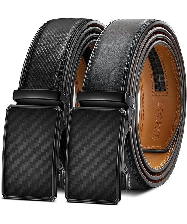 KEMISANT Men Belt 2 Pack, Leather Ratchet Belt Easy Click Slide For Men 1 3/8",Cut for Fit