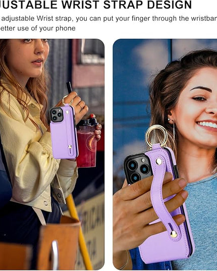 Folosu for iPhone 16 Pro Max Wallet Case with Card Holder, Hand Wrist Strap Loop Holder Kickstand, RFID Blocking Finger Grip Ring PU Leather Double Buttons Shockproof Cover 6.9" Purple