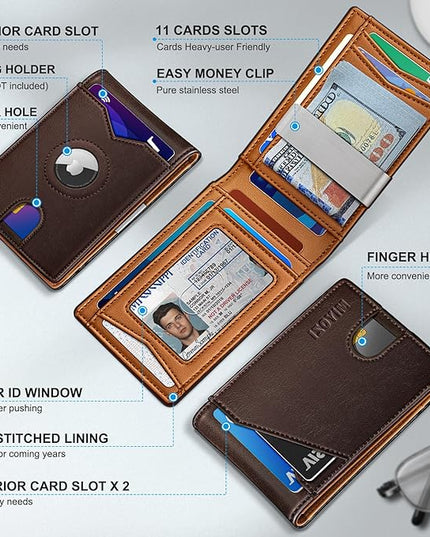 miyozi Airtag Wallet for Men,with Money Clip 11 Cards Slim Front Pocket Leather RFID Blocking Wallet with Gift Box