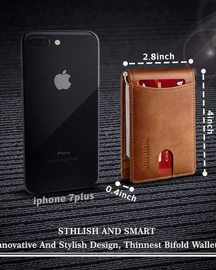RUNBOX Slim Wallet for Men Genuine Leather RFID Blocking Bifold Minimalist Front Pocket Mens Wallet with Money Clip Thin Gift Box