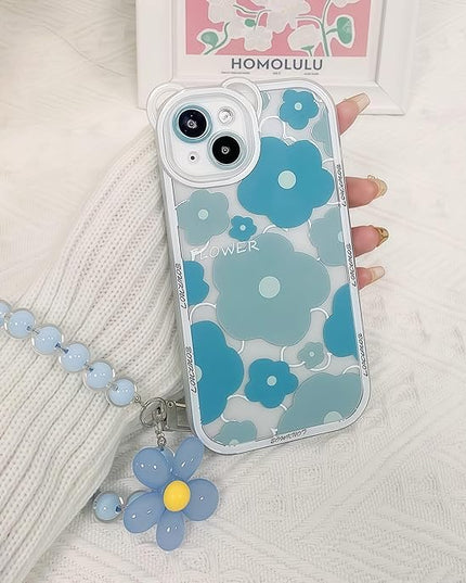 Compatible with iPhone 14 Pro Case Blue Shockproof Cover Camera Lens Case Cute, Clear, Floral Bear, Lovely Flower, Wrist Strap Bracelet Chain, for Women, Girly