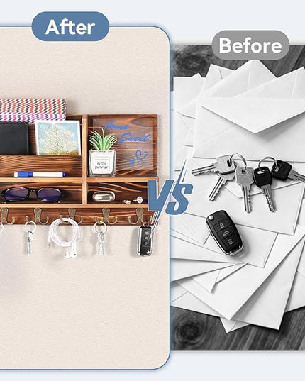 ClyraStor Key Holder Wall Mount, Mail Organizer Wall Mounted, Solid Wood Key Holder for Wall Living Room Entryway Home Decor, with 10 Key Hooks, Shelf, Marker Pen, 15.7" x 10.2" x 2.8"