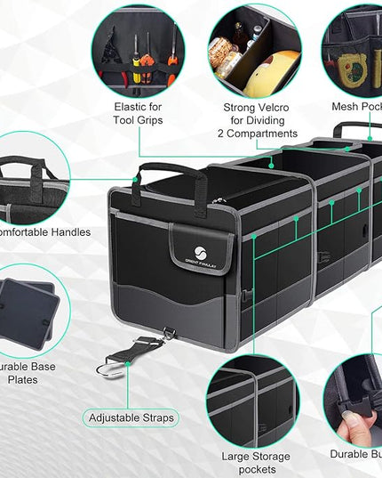 Trunk Organizer with Cooler, Collapsible Trunk Storage Container with Non Slip Bottom Strips, Large Multi-Compartment Waterproof Car Trunk Organizer Groceries for Vehicle Sedan, Suv, Truck,Van(Black)
