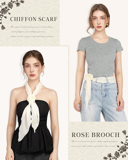 Chiffon Scarf for Women, Removable Flower Neck Scarf Light Soft Fashion Rose Scarves Versatile Headband or Hair Band